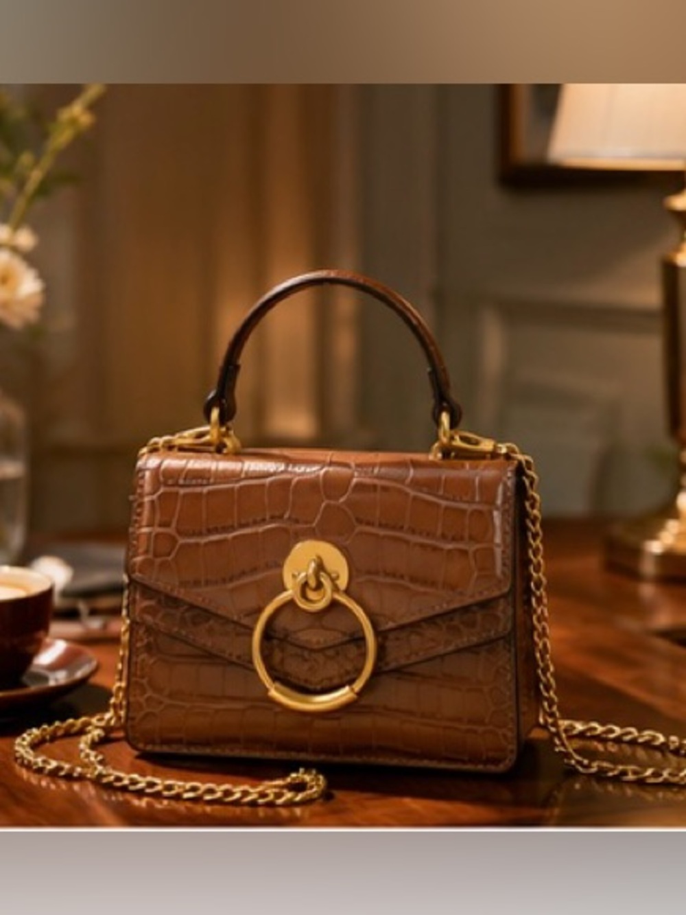 Brown Croc Embossed Top Handle Crossbody Bag | Gold Ring Satchel Purse